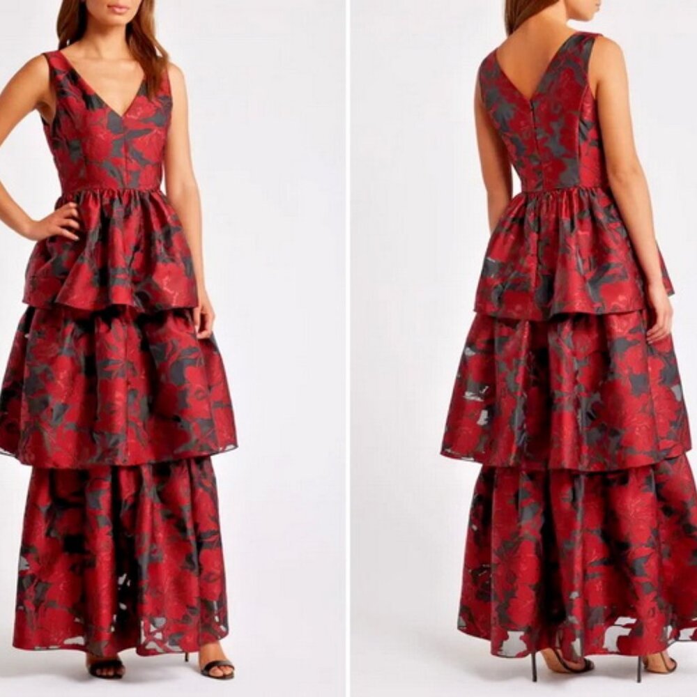 Julia Jordan Red Black Metallic Floral Sleeveless Tiered Gown Dress